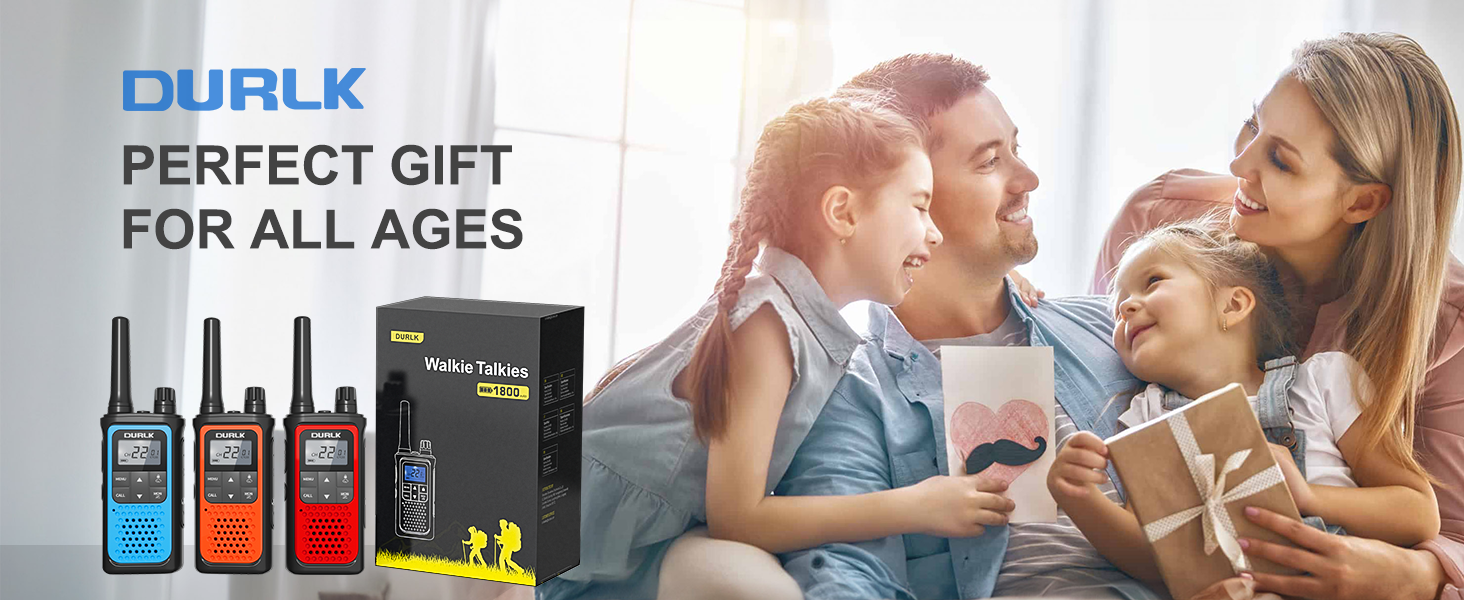 A family of four with smiles on their faces received a gift of DURLK 3 pack walkie talkies all ages