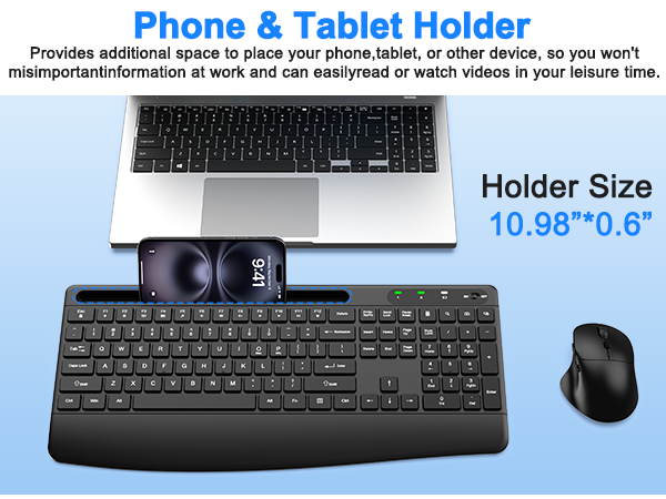 Wireless Keyboard and Mouse, Comfort Ergonomic Palm Rest Keyboard Mouse Combo Phone Holder