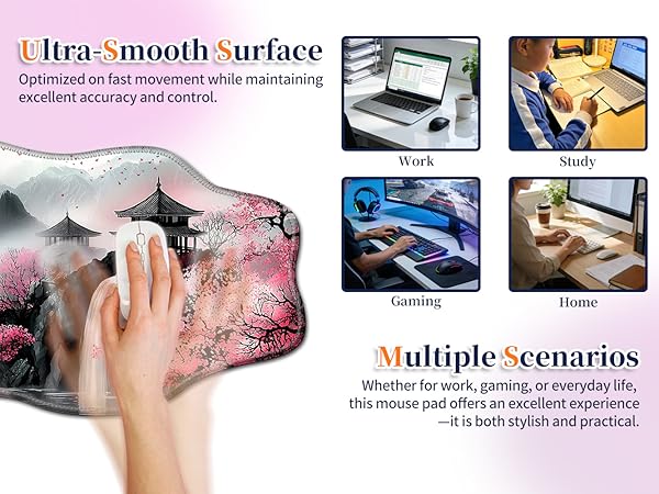 Ultra-smooth Lycra cloth surface of an oriental landscape mouse pad for precise mouse control.