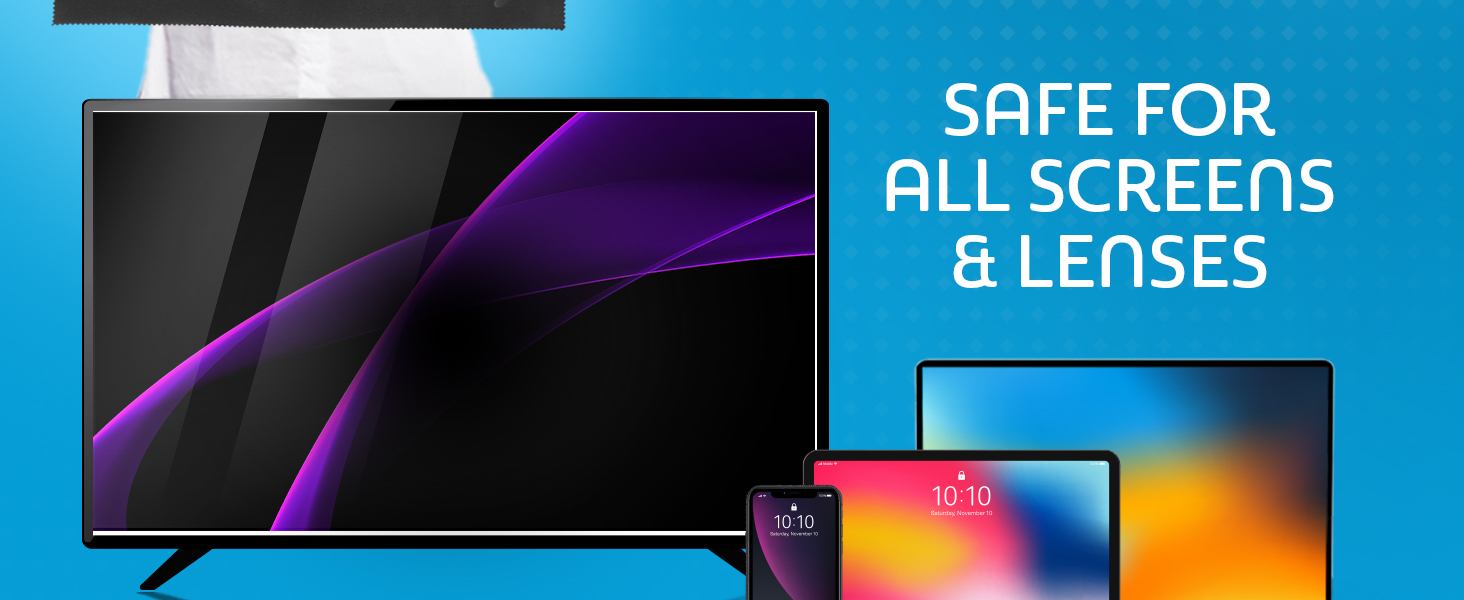 Safe for all screens and glasses! Premium XL Microfiber Cloth. Perfect for TVs, monitors, and more.