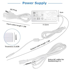 Litever 12V 3A power adapter with extra hardwire cable white