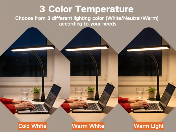 Text reads '3 Color Temperature'. Three identical desk scenes with lamp illuminating laptop, showing different lighting: 'Cold White', 'Warm White', and 'Warm Light'.