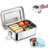 E-far Stainless Steel Lunch Box for Kids, 28oz/850ml Leakproof Bento Box with 3 Compartments &amp; Dr...