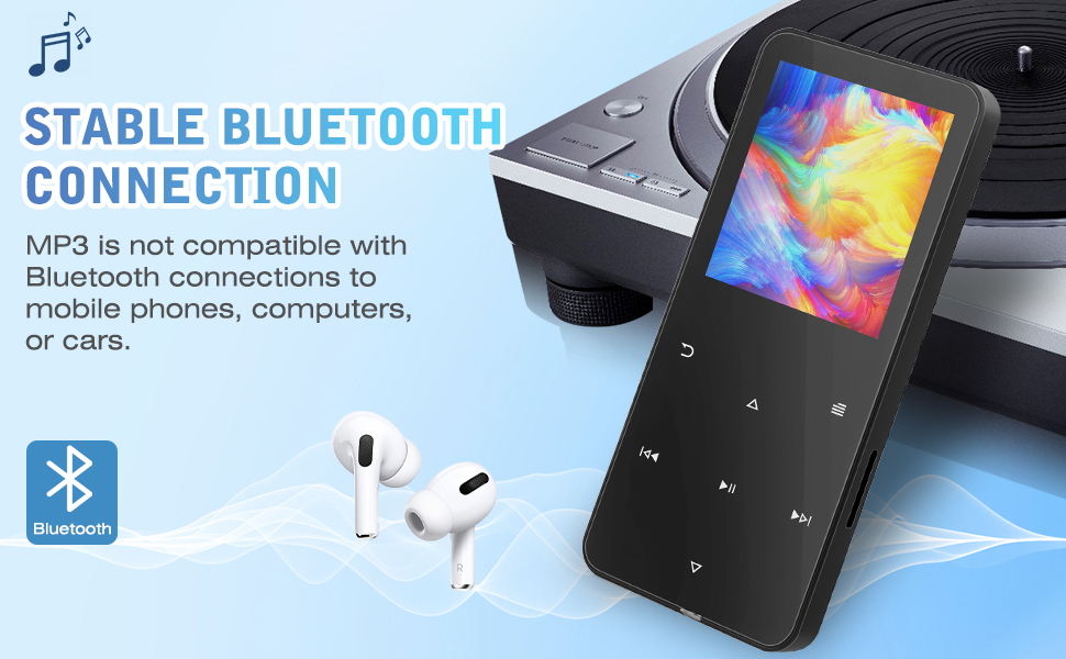 Portable MP3 player with Bluetooth connectivity, black touchscreen interface, shown with wireless earbuds. Device displays colorful screen and touch controls.