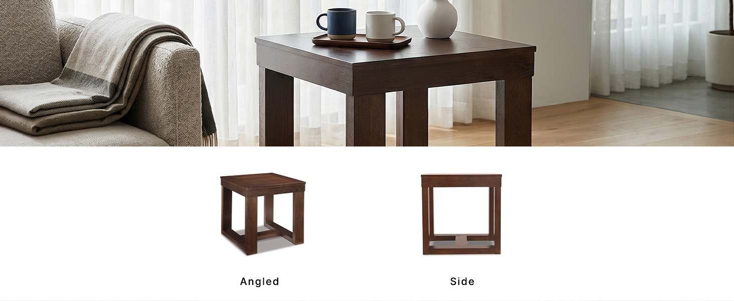 Living room display side table supporting home decor items on a 42-pound substantial frame
