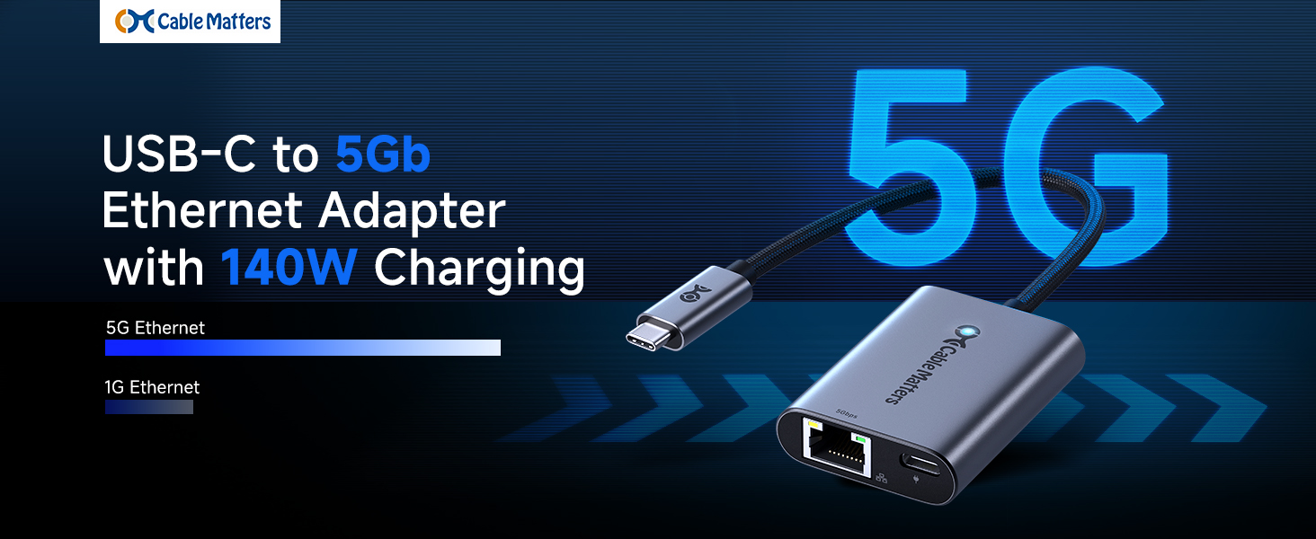 Cable Matters USB C to 5Gb Ethernet adapter with 140W charging for MacBook and USB-C laptops