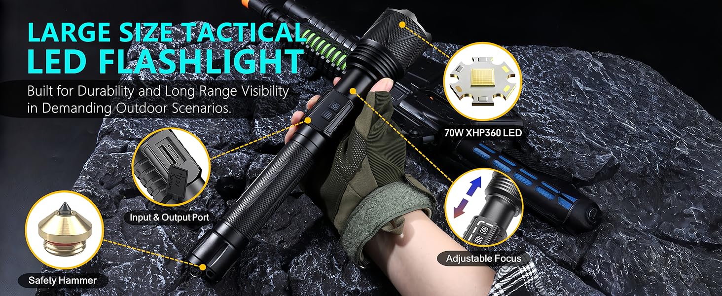 Big Flashlight Built for Durability and Long Range Visibility in Demanding Outdoor Scenarios.