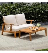 IDZO Jasper Solid Acacia Wood Loveseat Patio Set with Beige Cushions &amp; Coffee Table – Modern Outd...