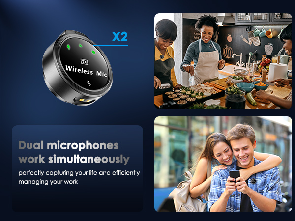 Dual wireless microphones working simultaneously, perfect for capturing moments and managing tasks.