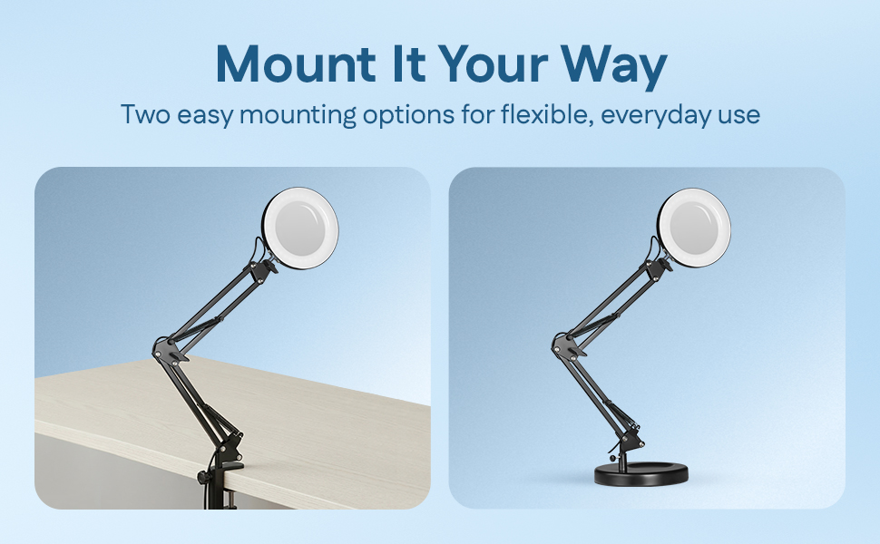 Pair of desk magnifiers demonstrating clamp-on and freestanding base setups for easy positioning.
