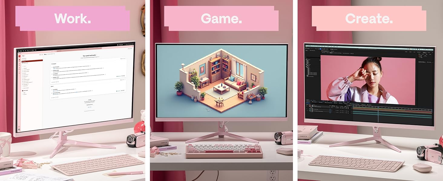 Pink 27-inch monitor for office work, gaming, competitive play, and creative use
