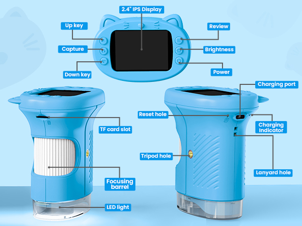 Technical diagram of blue mosquito trap device with labeled parts including 'Power', 'Fan', 'USB light', 'Mosquito box', and other components shown from multiple angles.
