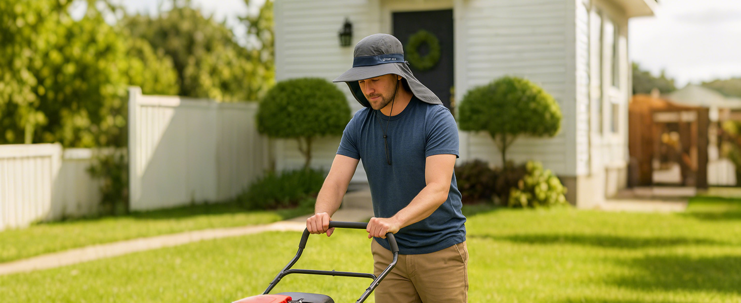 Man mowing lawn in backyard wearing TOP-EX sun hat with neck flap for sun protection in yard
