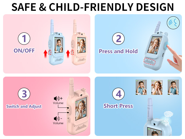 Text reads 'SAFE &amp; CHILD-FRIENDLY DESIGN'. Instructional diagram showing device operation steps numbered 1-4, with ON/OFF and press-and-hold instructions.
