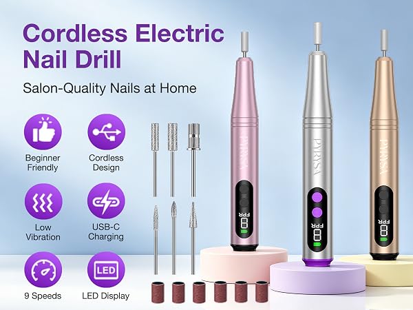 PYRYSA Salon-Quality Electric Nail Drill File Cordless Beginner Friendly Manicure Pedicure Tool Kit