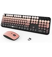 Wireless Keyboard and Mouse Combo, 104 Round Keys Cute Colorful Keyboard and Mouse with Retro Typ...