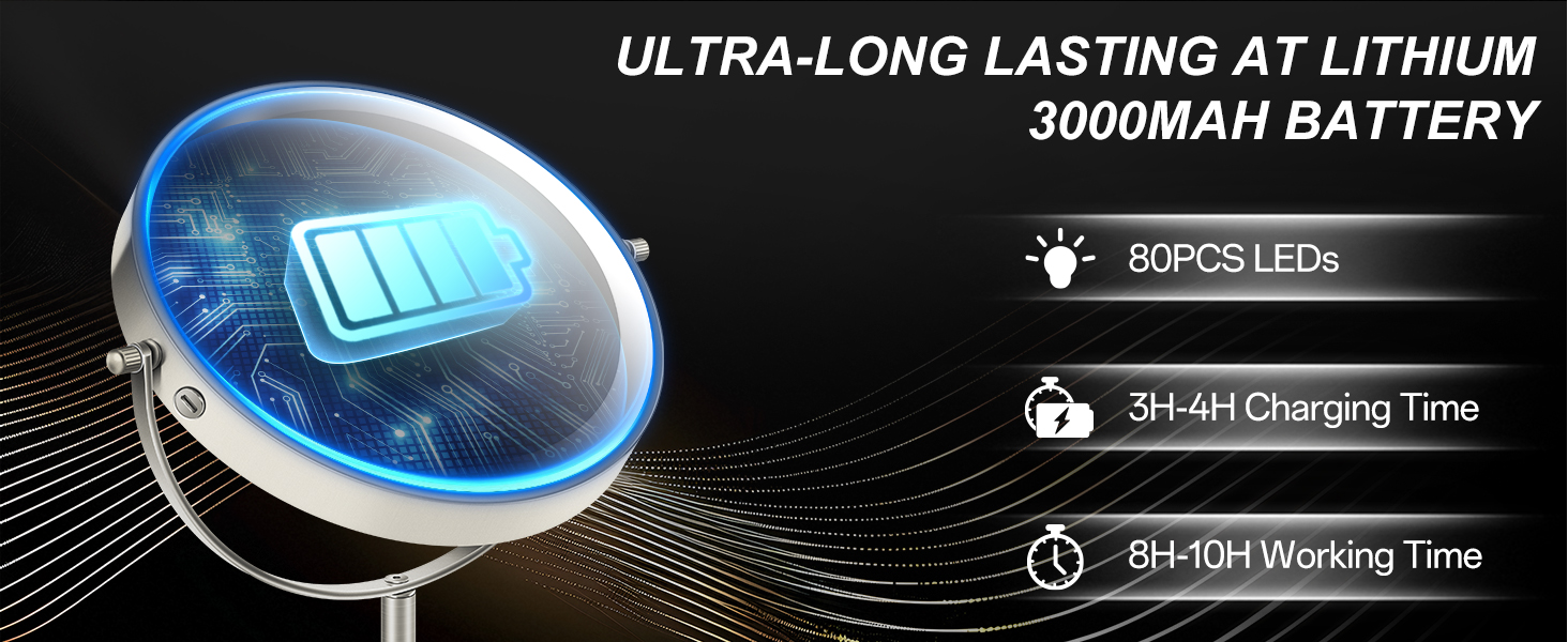 3000mah battery cordless recharging mirror