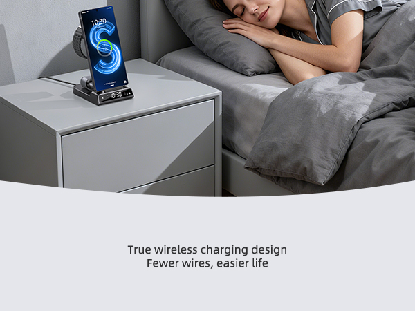 Text reads 'True wireless charging design' and 'Fewer wires, easier life'. Grey surface with hands demonstrating wireless charging functionality.