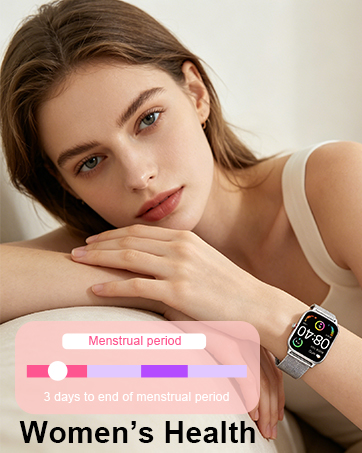 Text reads 'Women's Health'. Woman wearing smartwatch displaying colorful health metrics on screen. Wearable fitness tracker on wrist showing wellness data visualization and monitoring capabilities.