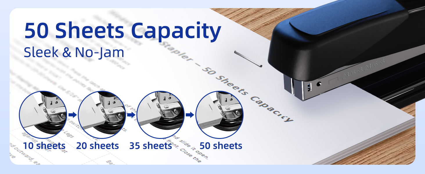 This heavy-duty stapler can staple 50 sheets. This stapler offers a high-quality, no-jam stapling.