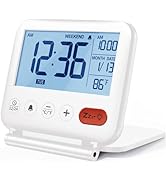 NOKLEAD Digital Travel Alarm Clock - White, 3.23 inch LCD Display, Temperature, 9-Minute Snooze, ...