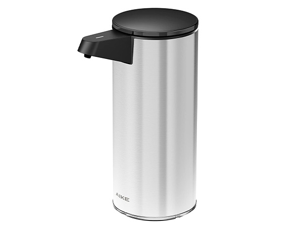 Sleek automatic soap dispenser with silver cylindrical body and black top, featuring touchless dispensing mechanism.