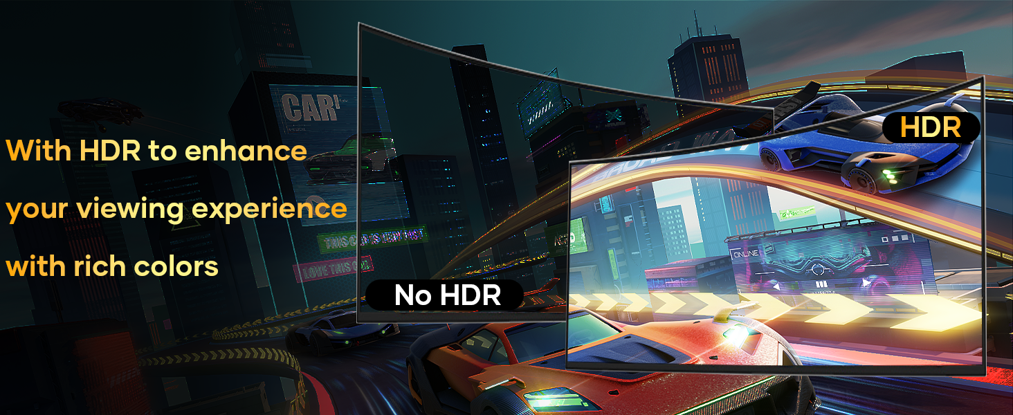 Split-screen comparison of TV display with and without HDR. HDR side shows vibrant colors and enhanced detail in a futuristic cityscape scene with flying vehicles.