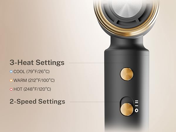 3 Heat Settings, 2 Speed Settings, Adjustable Temperature