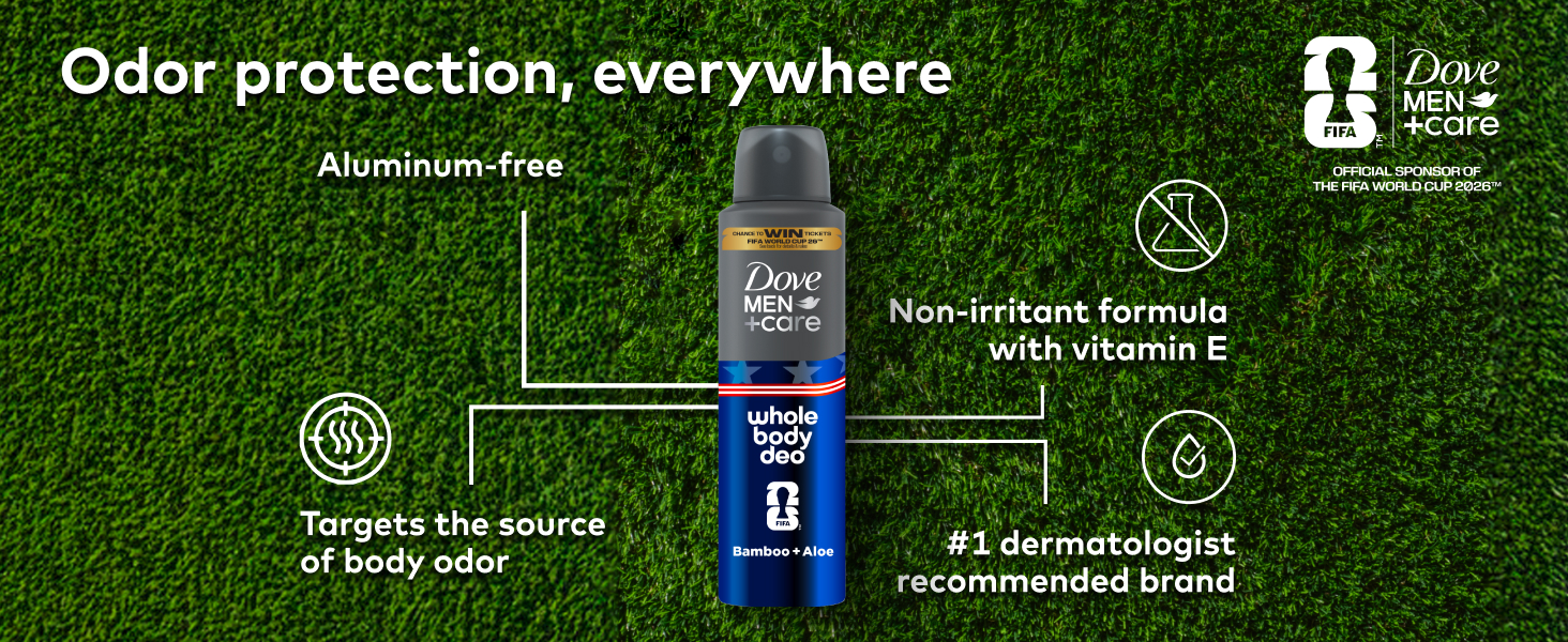 FIFA &amp;amp; Dove Men+Care logos, the Whole Body Deo benefits infographic (Aluminum free, Vitamin E, etc.)