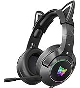 PHNIXGAM Cat Ear Gaming Cute Headset, Wired Headphones with Microphone, Surround Sound, LED Backl...