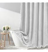 Seenus Boho Chic Shower Curtain Heavyweight with Tassels, Grey Linen Textured Soft Fabric Farmhou...