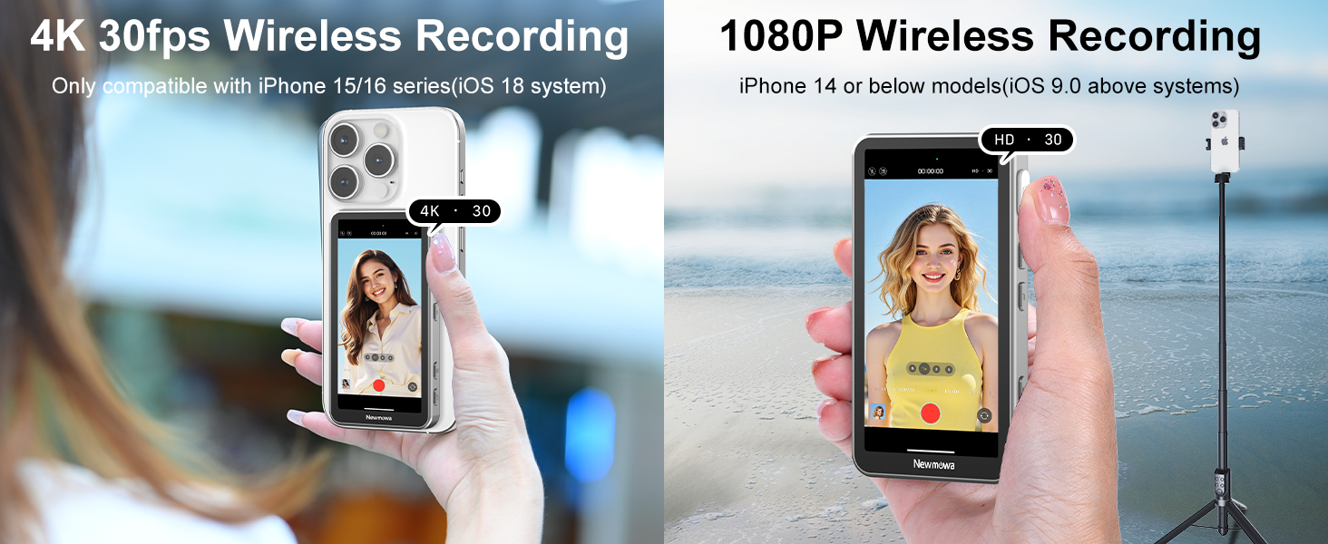 Text reads '4K 30fps Wireless Recording' and '1080P Wireless Recording'. Shows smartphone tripod mount setup with split screen demonstrating video recording capabilities at different resolutions.