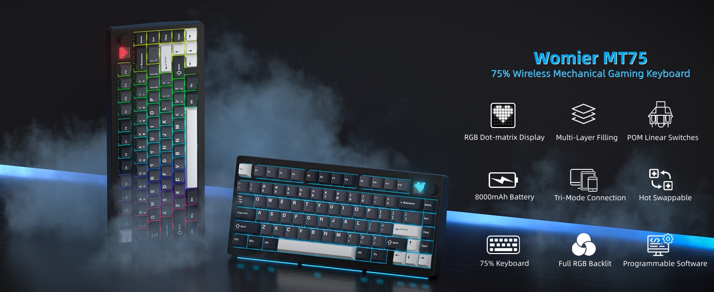 75% Wireless Mechanical Gaming Keyboard Bluetooth 5.0/2.4GHz/USB C Thocky Creamy Keyboard
