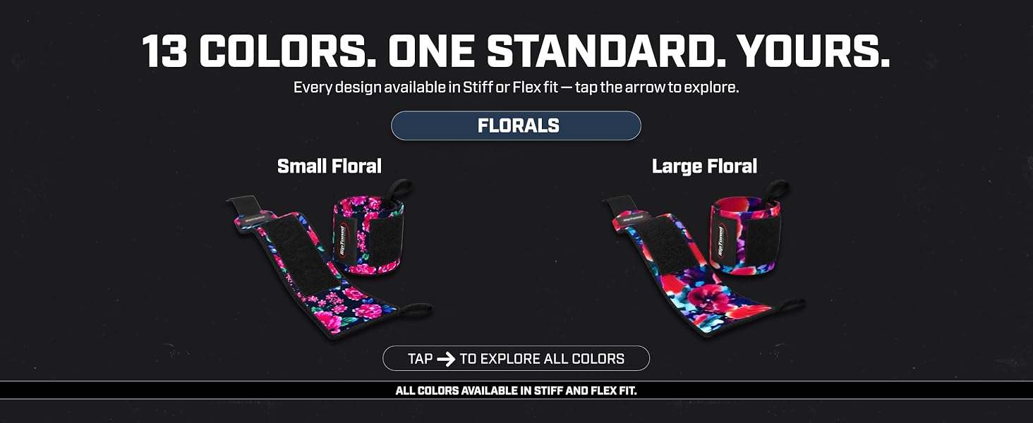 Rip Toned wrist wraps in small and large floral prints, available stiff or flex fit