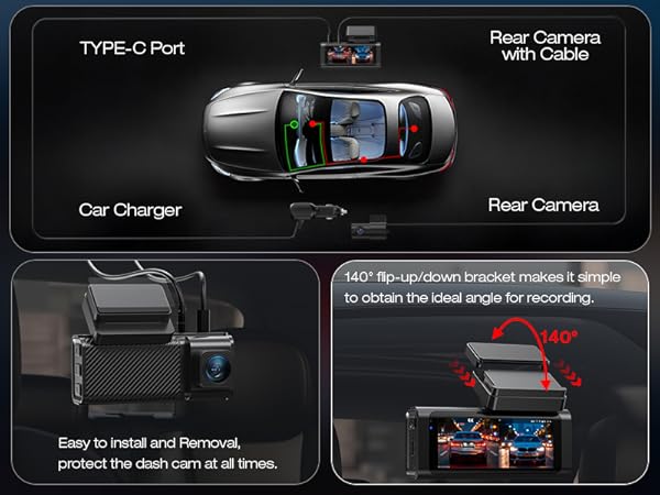 Text reads 'Type-C Port', 'Car Charger', 'Rear Camera', 'Rear Camera with Cable'. Dashboard camera installation guide showing mounting location and cable routing for vehicle setup.