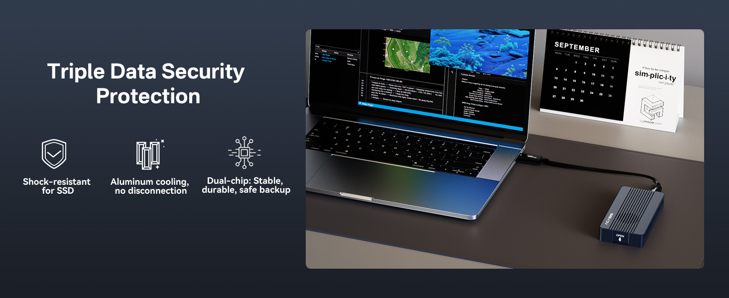 Text reads 'Triple Data Security Protection'. Dark-themed interface showing security-related graphics and icons against a blue-tinted background.
