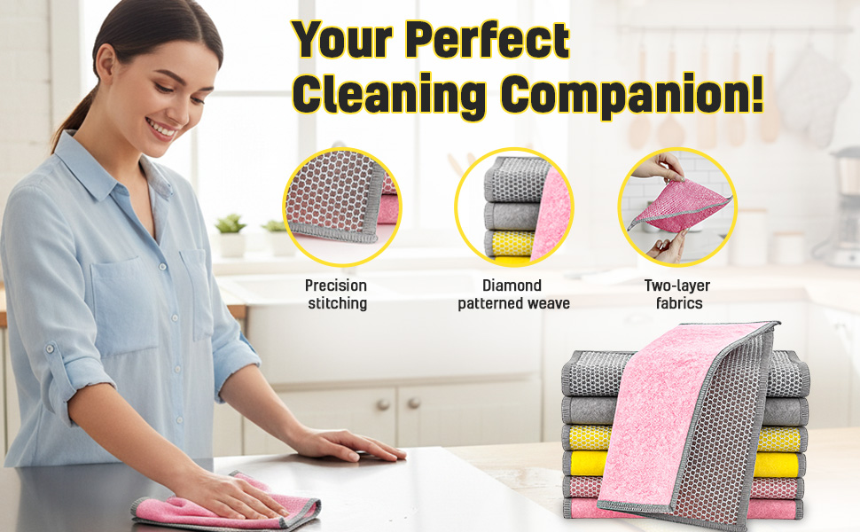 Dual-layer dishwashing cloths with precision stitching.