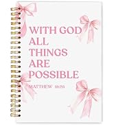 WARDOS Pink Coquette Bow Christian Spiral Notebook Journal 5.5x8.3, With God All Things Are Possi...