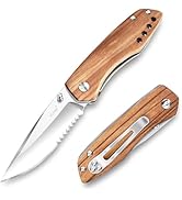 Vickay Pocket Knife, Folding Knife with Clip, 2.95" 8Cr13MoV Half-Serrated Steel Blade, Wood Hanl...