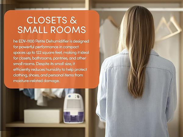 Eva-Dry EDV-1100 Petite Dehumidifier positioned inside a closet, protecting clothes and valuables