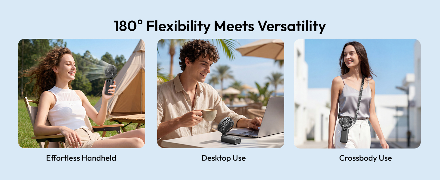 Portable handheld fan for outdoor cooling desk work crossbody wear camping travel hands free use