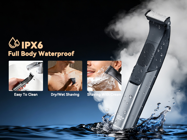 Text reads 'IPX6' and 'Full Body Waterproof'. Series of images showing water resistance testing of an electronic device with splashing water effects.