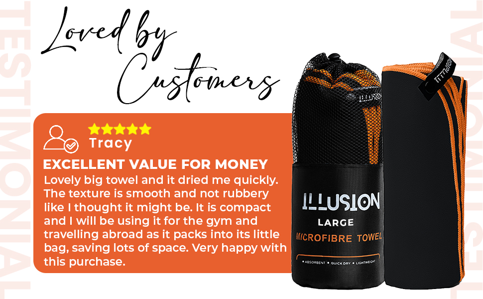 Black microfiber towel with orange accents, shown rolled up and unrolled. Product labeled as 'ILLUSION LARGE MICROFIBRE TOWEL'. Customer review highlights quick-drying, compact, and space-saving features for gym and travel use.