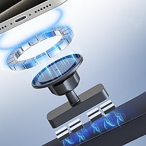 Magnetic phone mount with blue illuminated ring. Features a circular magnetic pad and rectangular base with visible electrical contacts, attaching to a device's charging port.