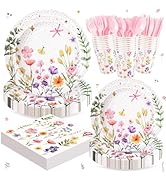 168 PCS Spring Wildflower Party Supplies, Pink Floral Paper Plates Napkins Cups Cutlery for 24 Gu...