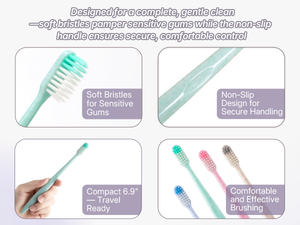 Soft bristles for sensitive gums, non-slip handle, compact 6.9 inch travel toothbrush