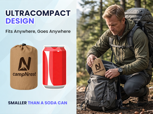 Compact camping pillow pouch, smaller than a soda can, packed into a hiking backpack.