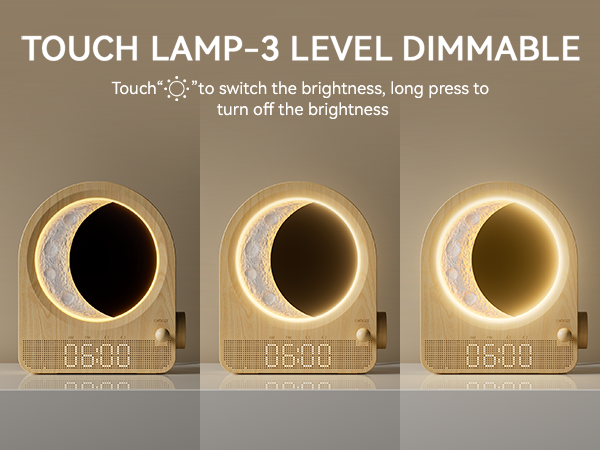 Touch lamp with 3-level dimmable brightness. Circular design with moon shape, digital clock display. Shows three brightness settings from dim to bright.
