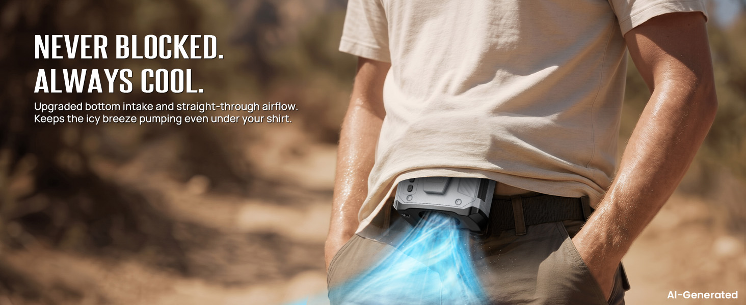 shirt clip fan with Bottom air inlet helps prevent shirt blockage and keeps cooling airflow moving