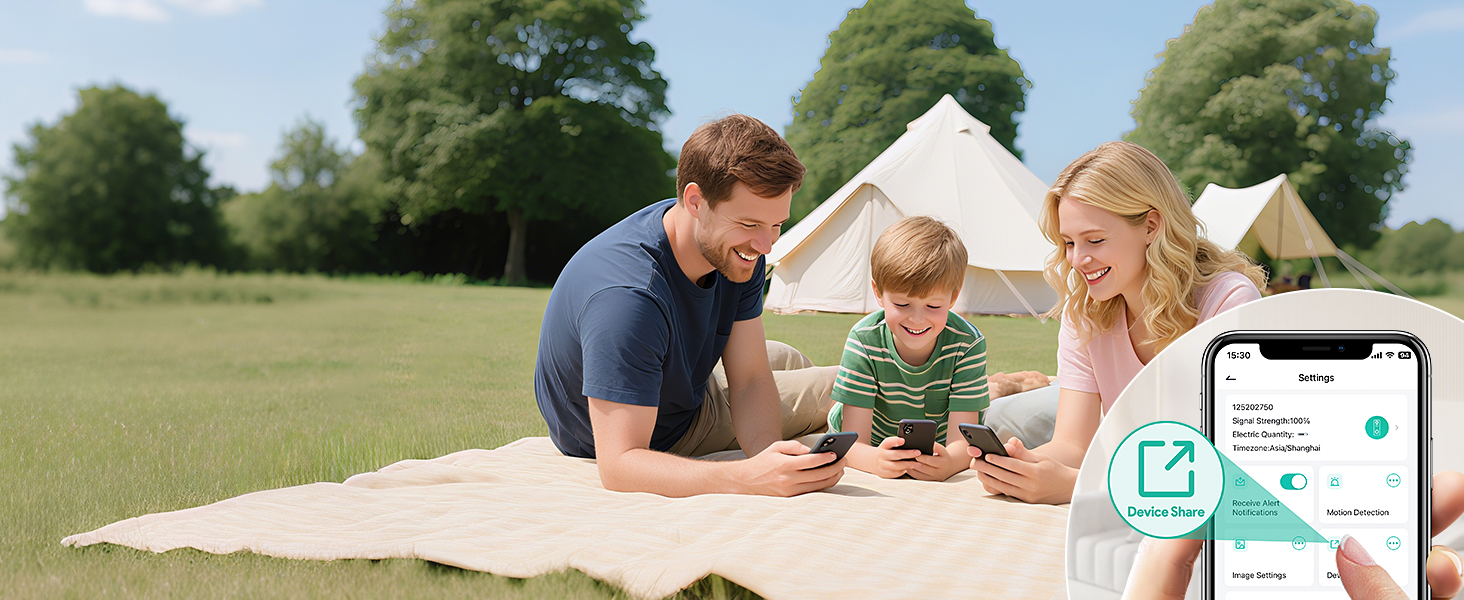 Multiple people outdoors on grass enjoying a picnic or gathering. Sequence shows mobile device use and social interaction in natural setting.